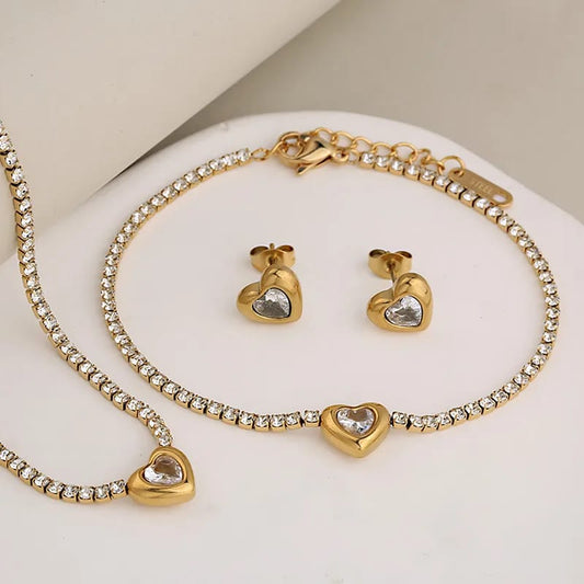 Set Dorado De Collar, Aretes y Pulsera Corazon