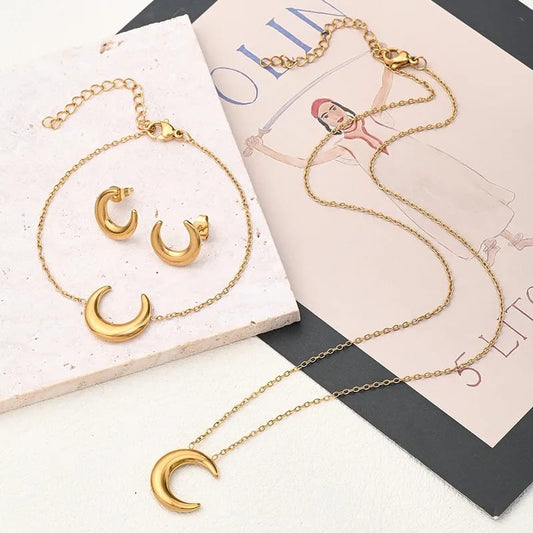 Set Dorado Luna de Pulsera, Aretes y Collar